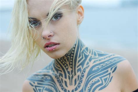 Wallpaper Face Women Outdoors Blonde Long Hair Green Eyes Tattoo Blue Piercing Fashion