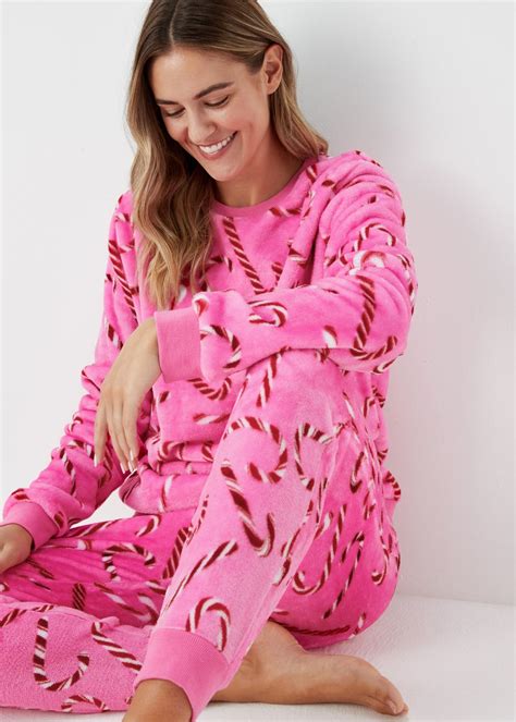 Pink Christmas Candy Cane Fleece Pyjama Set Matalan