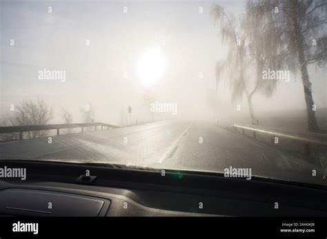 Thick Heavy Dense Fog Winter European Route E55 Central Bohemian Region Czech Republic On