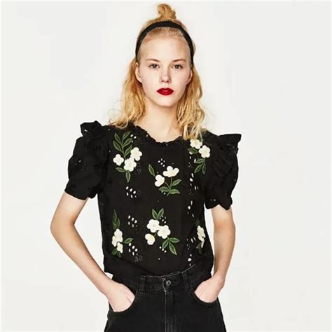 2017 New Black Flower Embroidery Hollow Out Cotton Blouse Shirt Women