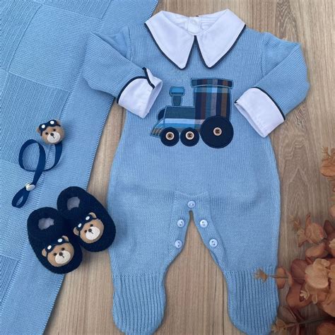 Saída Maternidade Tricot Premium Bebê Menino Lucca Tricô Azul 2 Peças