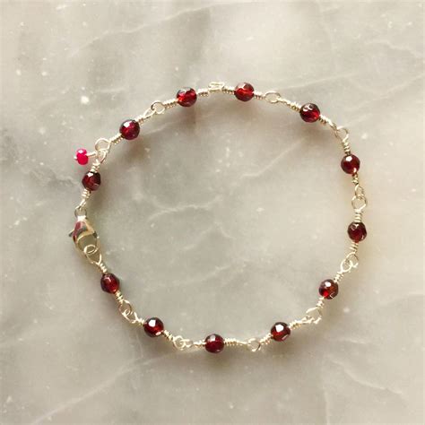 Garnet Ruby Bracelet Sterling Silver Beaded Rosary Chain Bracelet