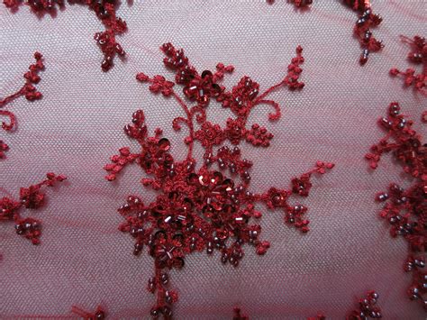 Red Floral Embroidered Beaded Lace Sequin Mesh Fabric By Fabric Universe
