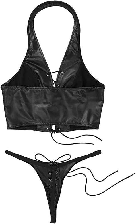 Amazon Com Hansber Womens Lace Up Faux Leather Bikini Lingerie Set My Xxx Hot Girl
