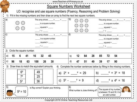 Square Numbers Worksheet Maths Year 5