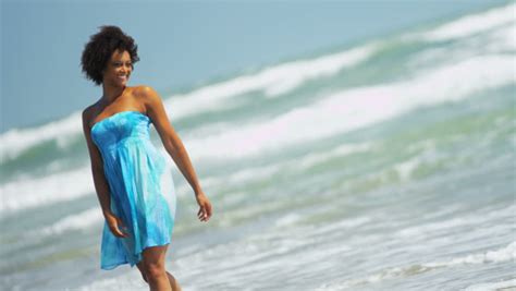 Beautiful African American Female Walking Beach Beside A Tropical Ocean Shot On Red Epic Stock