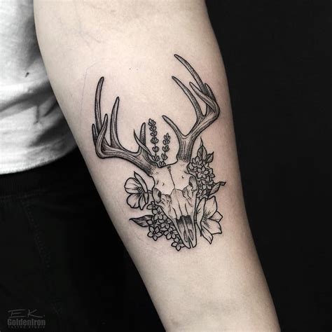 Deer Skull And Floral By Ek