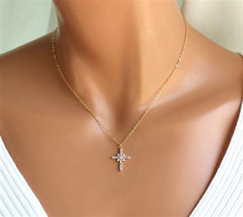 Gold Cross Necklace Women Dainty Crystal Cross Pendant Gold Etsy