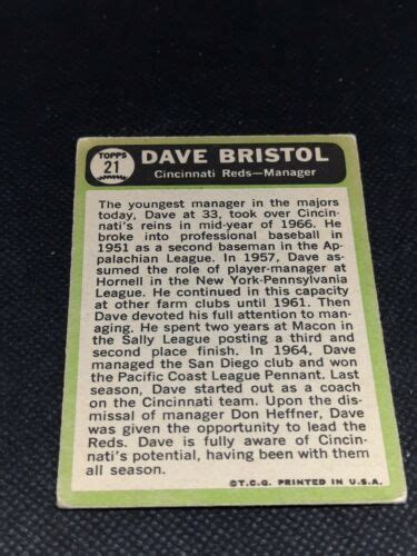 1967 Topps 21 Dave Bristol Cincinnati Reds Ebay