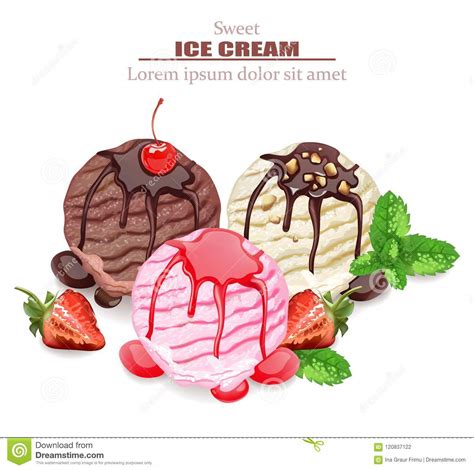 Ice Cream Scoops Vector Chocolate Vanilla And Strawberry Flavors Stock Vector Illustration