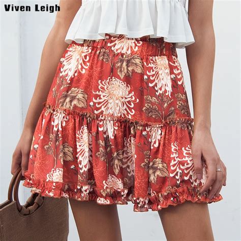Viven Leigh Boho Floral Print Mini Skirt Women A Line Casual Beach 2018 Summer Skirt Elastic