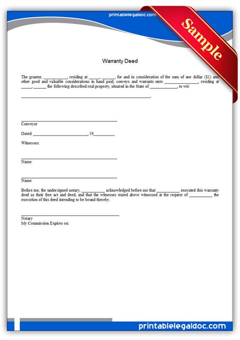 Free Printable Warranty Deed Form Generic