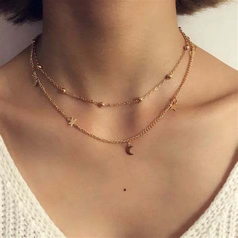 Simple Boho Gold Silver Color Star Moon Bead Multilayer Chockers