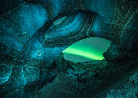 Aurora Taken Inside An Ice Cave At Castner Glacier In Interior Alaska