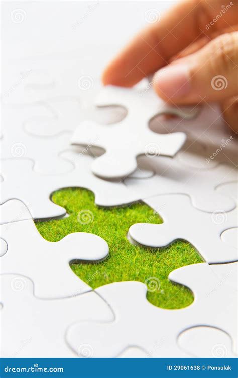 Hand Embed Missing Puzzle Piece Into Place Stock Photo Image Of