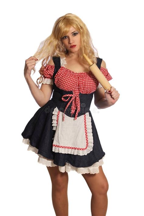 Blonde Woman Wearing Retro Dress Holding Rolling Pin Isolated On White