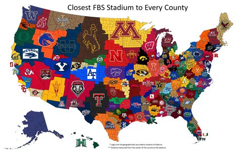 Closest FBS Stadium to Every County in the U.S.A [OC] [2747x1738