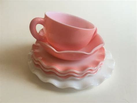 Hazel Atlas Pink Crinoline Ruffle Milk Glass 2 Handle Cup Saucer Bowl