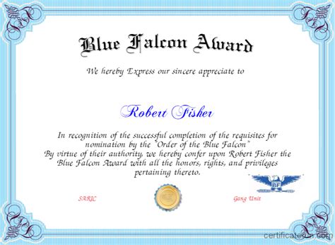 Check out 2004sccobra's collection blue falcon award: Blue Falcon Award Certificate | Created with Certificatefun.com