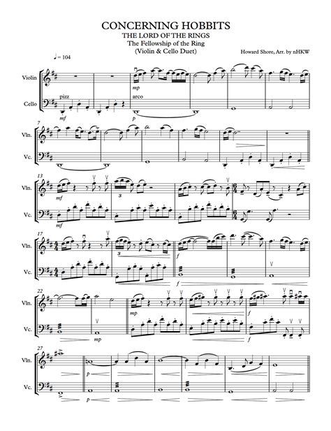 The Lord Of The Rings Sheet Music Concerning Hobbits Violin And