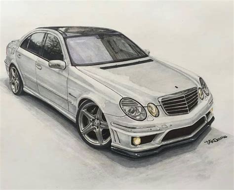 A Drawing Of A White Mercedes Benz C Class Car In Color Pencils On Paper