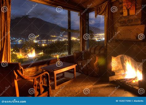 Interior of a Cozy Cabin Great a Great Night View Stock Photo - Image