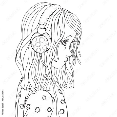 Cute Beautiful Girl With Headphones Coloring Book Page For Adult And