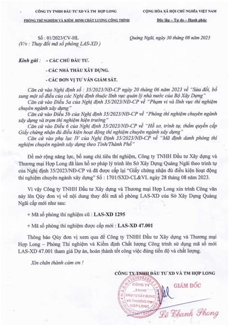 HỢp Long 1295 ThÔng BÁo Thí Nghiệm Xây Dựng Hợp Long Las Xd 1295