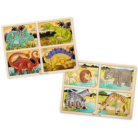 Melissa And Doug 4 In 1 Wooden Jigsaw Puzzles Set Dinosaurs And Safari