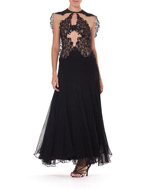 1930s Black And Nude Silk Chiffon Lace Gown With Attach Gem