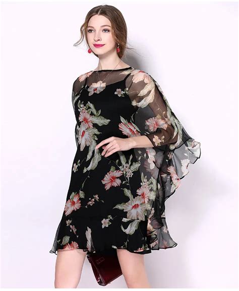 buy women fashion 100 silk dress laides slash neck floral printed dress plus