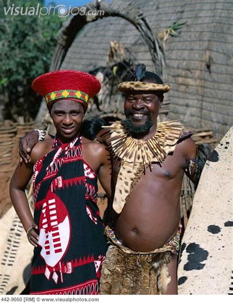 Zulu Man And Woman Dressed In Traditional Costume Kwa Zulu Natal South Africa