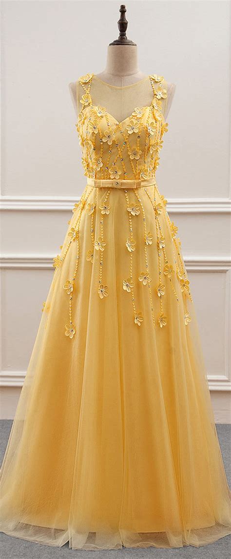 Yellow Floral Tulle Party Gowns Yellow Junior Prom Dress Lovely