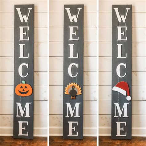 Welcome Vertical Wooden Sign With Interchangable Seasonal Attachments