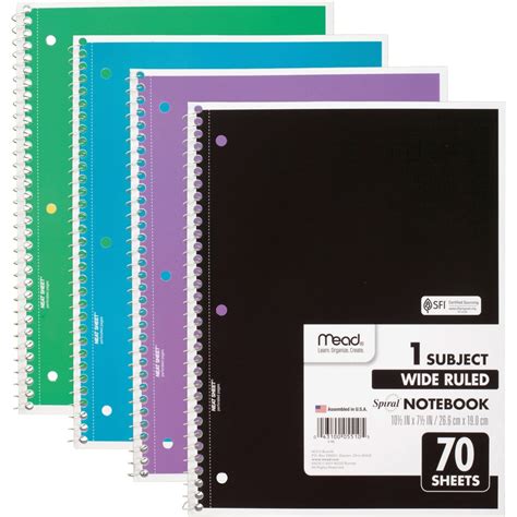Mead 1 Subject Wide Ruled Spiral Notebook 70 Sheets 140 Pages
