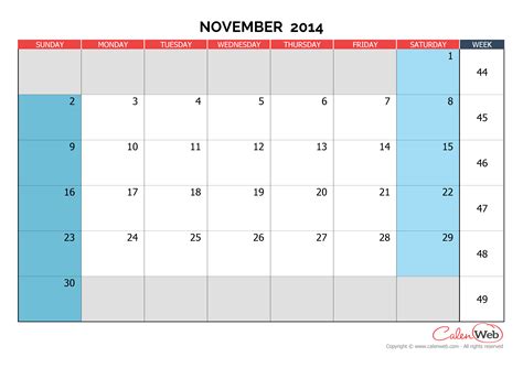 Monthly Calendar Month Of November 2014 The Week Starts On Sunday