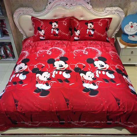 Disney Mickey Mouse And Minnie 3pcs Cotton Bedding Set Red Color Bed