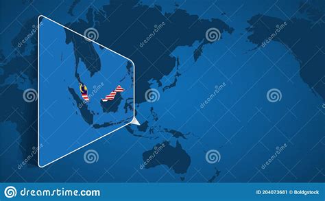 Malaysia Map On A World Map With Flag And Map Pointer Vector