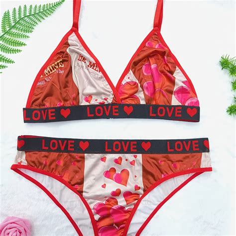 Plus Size Heart Print Bra And Panties Lingerie Set Womens Plus Slight