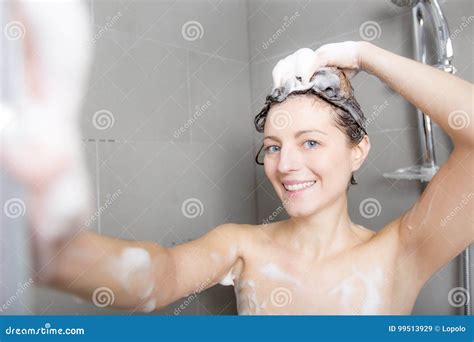 Woman In Shower Washing Hair With Shampoo Stock Image Image Of