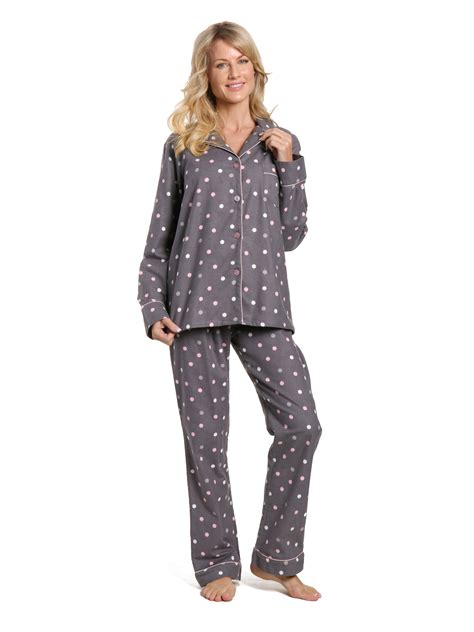 Noble Mount Womens Cotton Flannel Pajama Set Polka Medley Gray Pink Large
