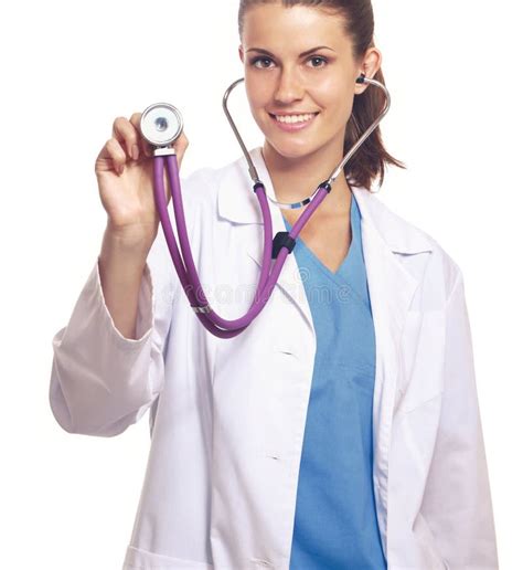 Female Doctor Using Stethoscope Isolated On Grey Background Stock