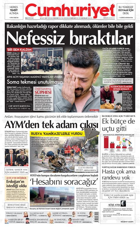 18 Ekim 2022 Tarihli Cumhuriyet Gazete Manşetleri