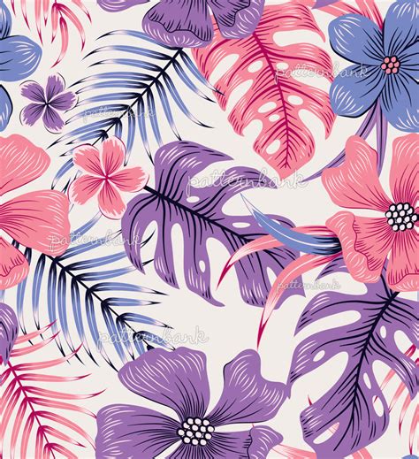 Purple Pink Tropical Leaves And Floral Pattern By Vivian Lau Seamless