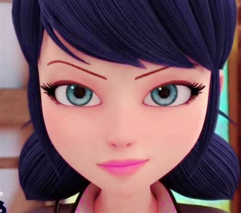 An Animated Girl With Blue Hair And Green Eyes Looks At The Camera
