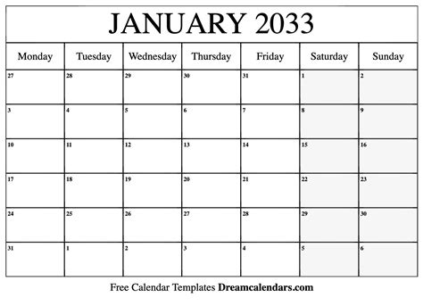 January 2033 Calendar Free Blank Printable With Holidays