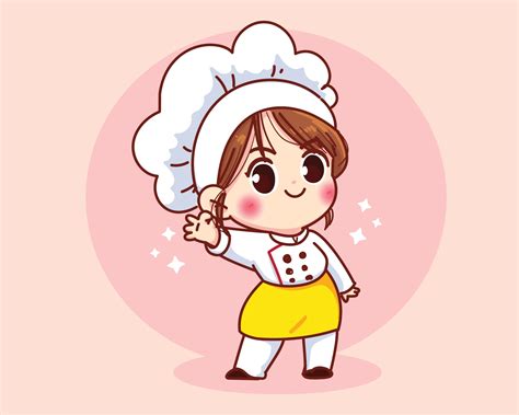 Cute Chef Girl Smiling In Uniform Mascot Gesturing Ok Sign Cartoon Art