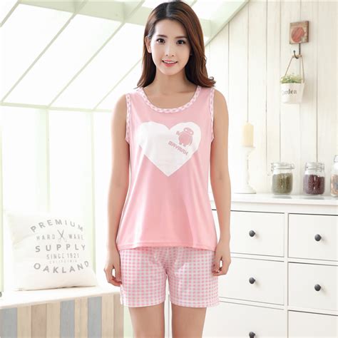 Summer Womens Pink Pajama Sets Cute Cartoon Cotton Sleepwear Sweet