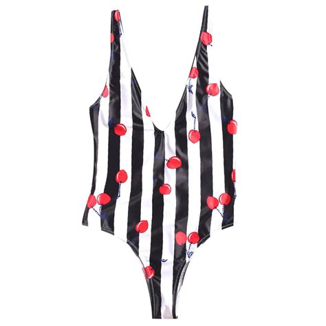 Zaful 2019 Women Swimsuit Striped Plunge High Cut Cherry Swimwear Women