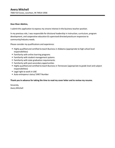 Business Teacher Cover Letter Velvet Jobs